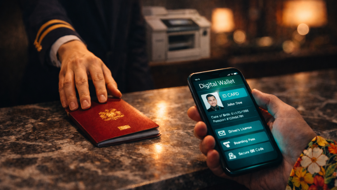 A passport and digital wallet at a hotel check-in desk