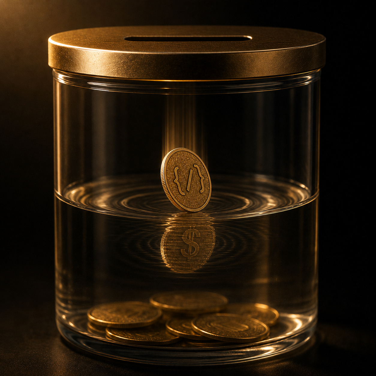 A brass-gold coin engraved with code brackets falling through the slot of a transparent glass piggy bank filled with water; in the water's reflection the coin's face shows a dollar sign, with earlier coins resting at the bottom of the jar